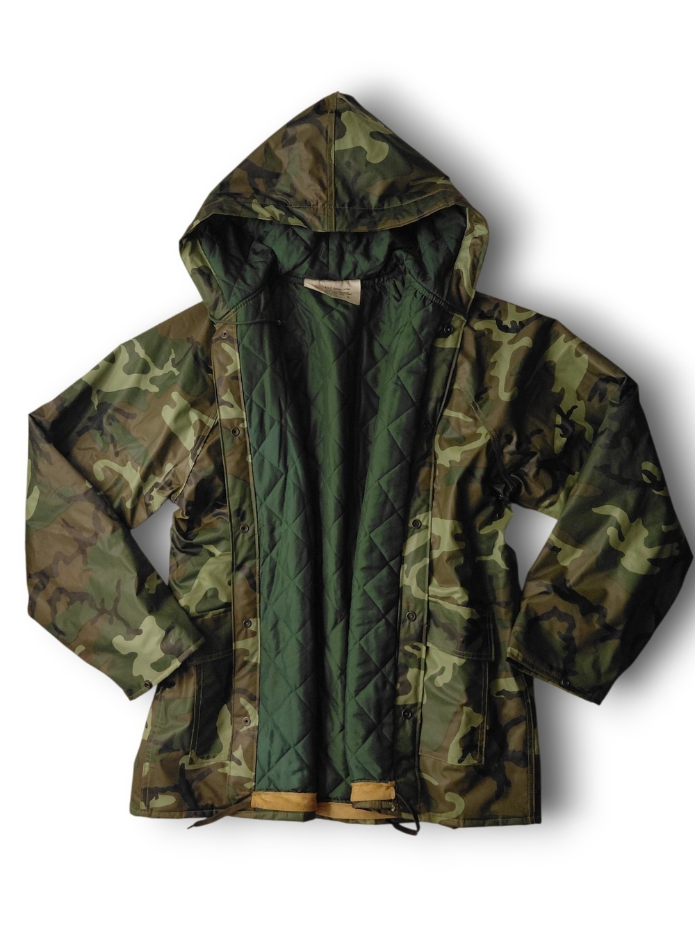 Vintage Seaway Woodland Camo PVC Rain Jacket Parka Quilted Lining Large